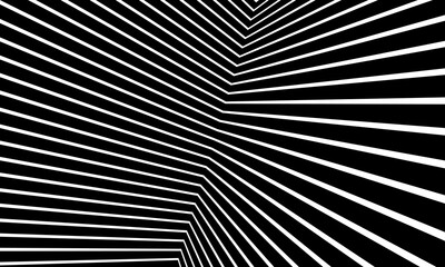 Black and white abstract art background with lines. Striped optical illusion with perspective.