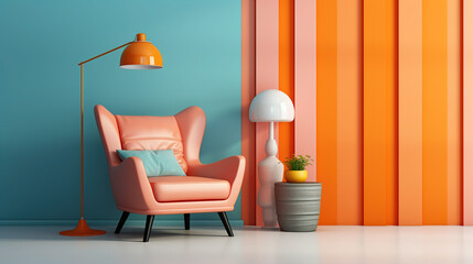 Explore a Mockup Teplate of Retro Striped Wall Frame with Sofa Chair, Vibrantly Adorned with Pastel Several colored Hues