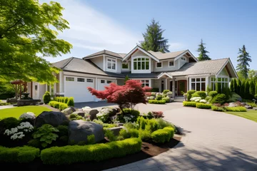 Zelfklevend Fotobehang Summer suburban house in North America, luxury house with nice landscaping. © JewJew