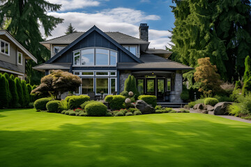 Fototapeta na wymiar Summer suburban house in North America, luxury house with nice landscaping.