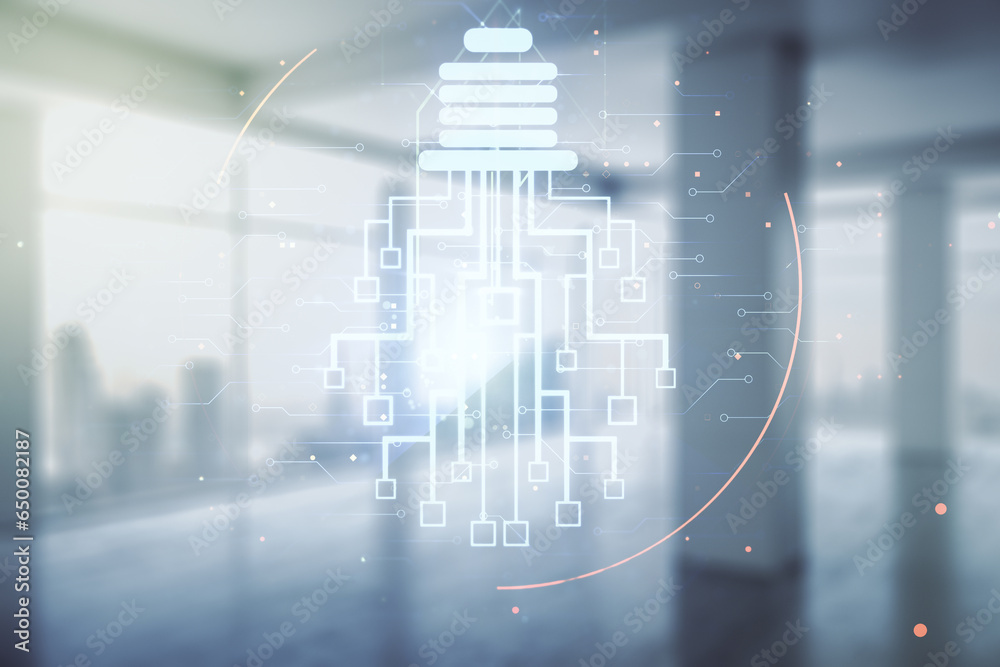Aufkleber double exposure of virtual creative light bulb hologram with chip on empty modern office background,