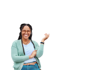 Isolated African woman, pointing up and portrait with smile for review, choice or deal by transparent png background. Gen z girl, student and happy to show direction with fashion, glasses or feedback