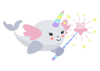 Unicorn whale with wings holding a star magic wand - obrazy, fototapety, plakaty