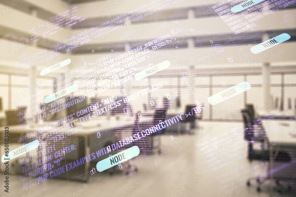 Aufkleber Double exposure of abstract creative programming illustration and world map on a modern furnished office interior background, big data and blockchain concept
