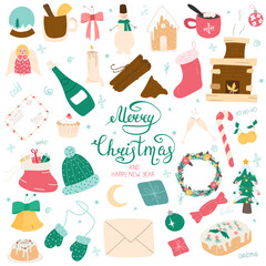 Merry Christmas and Happy New year set. Christmas tree, gifts, gingerbread in trendy style. Pack of cartoon characters and elements.