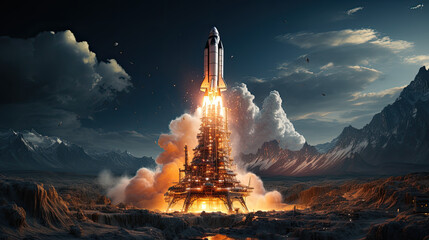 Rocket Launch - Spaceship Soaring into the Sky and Beyond to Space - obrazy, fototapety, plakaty