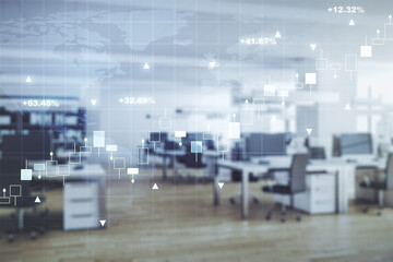 Fototapeta premium Multi exposure of virtual abstract financial graph hologram and world map on a modern furnished classroom background, financial and trading concept