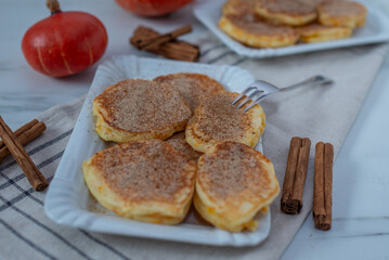 Healthy autumnal breakfast - sweet home made pumpkin pancakes