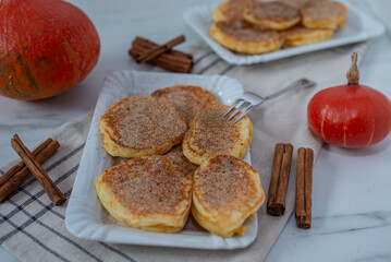 Healthy autumnal breakfast - sweet home made pumpkin pancakes