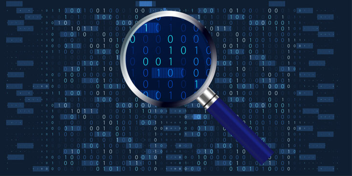 Exploring, Examining and scanning Binary Code with a Magnifying Glass. Code search template. Binary code backdrop with magnifier. Research and computing concept. Vector Illustration.