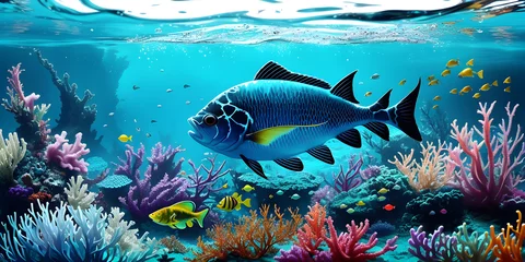 Fototapeten Fantastic underwater world with fish and seaweed, multicolor illustration, ai generated © Valerii