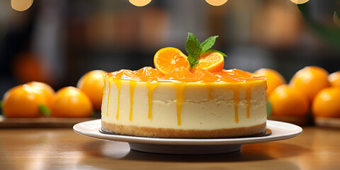 Delicious and creamy mandarin clementine cheese cake on plate, wooden table and blurred background  - Powered by Adobe