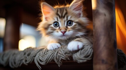 Cute kitten looking up on cat tower.