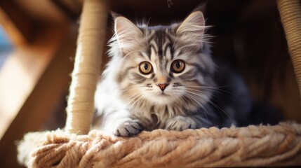 Cute kitten looking up on cat tower.