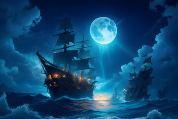 pirate ship in the night. AI Generated