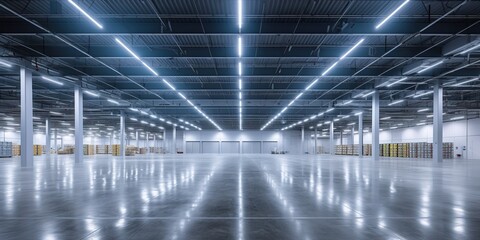 Generative AI, Warehouse interior with LED lighting, industry building, distribution retail center, part of storage and shipping system..	
