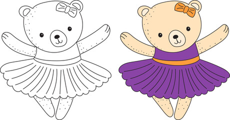 she-bear dancing cartoon coloring book on white background,sketch vector