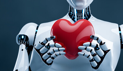 A robot holding a heart in front of its chest. Robot heart, robot love, robot emotions, robot feelings, AI control, etc. 胸の前でハートを持つロボット。ロボットの心、ロボットの愛、ロボットの感情、ロボットの気持ち、AIのコントロールなど - obrazy, fototapety, plakaty