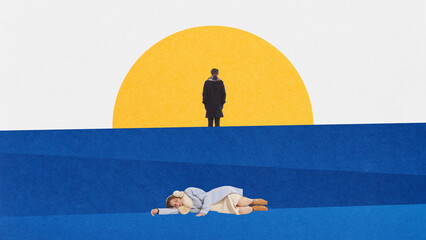 Contemporary art collage. Young man and woman meet dawn but she sleep. Active lifestyle. Drawn...