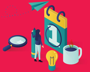 vector isometric illustration isometric people characters make an schedule in the calendar design (4) 