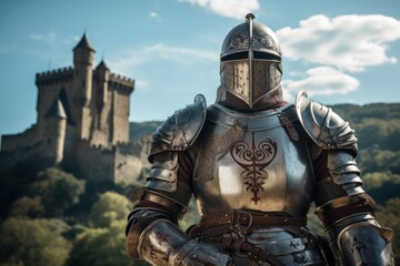 Fototapeta premium Portrait of a noble knight in gleaming armor standing proudly in front of a majestic castle towering in the distance