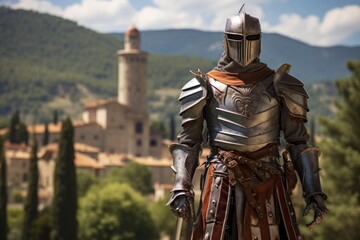 Portrait of a noble knight in gleaming armor standing proudly in front of a majestic castle towering in the distance - obrazy, fototapety, plakaty