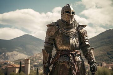 Portrait of a noble knight in gleaming armor standing proudly in front of a majestic castle towering in the distance - obrazy, fototapety, plakaty