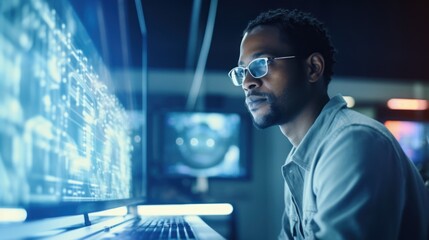 Data scientists work in a modern office of a technology company on the development of a quantum computer. Science, technology, big data and blockchain concept.