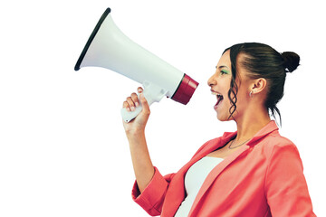 Isolated woman, megaphone and shout in profile for deal, sales or promo by transparent png...