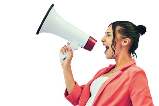 Isolated woman, megaphone and shout in profile for deal, sales or promo by transparent png background. Gen z girl, bullhorn and scream for protest, voice or opinion for sound, audio or noise for news