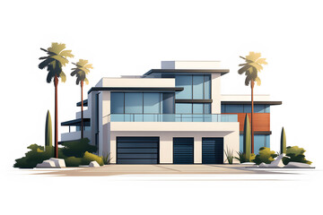 Modern minimalistic architecture of block house with garage,Building exterior of contemporary villa,Private real estate,Colored flat graphic vector illustration isolated on white background.