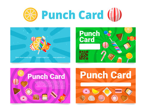 Punch loyalty card for reward customer sweet candy decorative design set vector illustration - Powered by Adobe