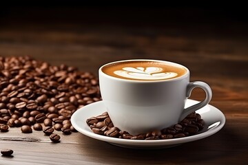 a white mug coffee with latte art with coffee beans around, Generative AI
