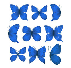 Set with abstract blue butterflies, watercolor.