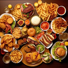 Burger bonanza Top-down view of a table adorned
