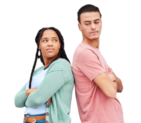 Fight, mad and angry with interracial couple and problem isolated on transparent png background. Ignore, sad and conflict with a man and black woman for difficult, frustrated and breakup of marriage