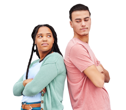 Fight, mad and angry with interracial couple and problem isolated on transparent png background. Ignore, sad and conflict with a man and black woman for difficult, frustrated and breakup of marriage