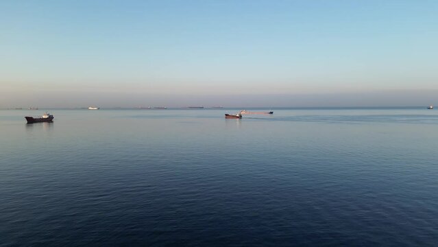 Drone video, Ships in the Marmara sea, Istanbul boats, merchant ships, floating boats in the sea