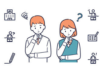 うつむいて考え事をする学生の男女＿アイコンセット