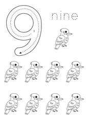 Flashcard number 9. Preschool worksheet. Cute cartoon kookaburra.