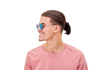 Happy, man and sunglasses for retro, fashion or style on isolated, transparent or png background in summer. Face, smile and college student in profile with confidence, happiness and clothes of gen z