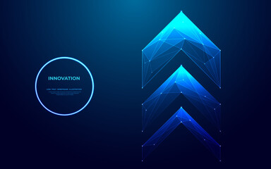 Growth Arrow Up in technology blue on a dark background. Light arrow as a symbol of rapid growth and high speed. Abstract digital boosting concept. Futuristic low poly geometric vector illustration.