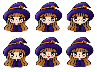Witch cartoon drawing with different face - obrazy, fototapety, plakaty