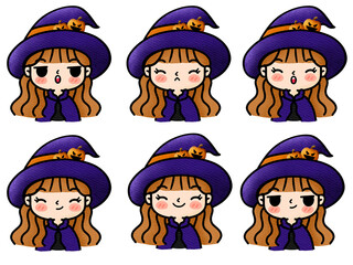 Witch cartoon drawing with different face - obrazy, fototapety, plakaty