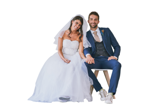 Isolated couple, wedding portrait and sitting together for smile, pride or happy by transparent png background. Man, woman and marriage celebration with holding hands, new beginning or event for love