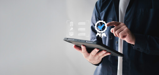 Businessman Take an assessment for certificate, questionnaire, evaluation, online survey exam Choosing the right answer in the exam, filling out an online survey form. Answer the test questions.