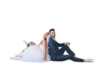 Isolated couple, wedding flowers and portrait for sitting together, smile or pride by transparent png background. Man, woman and happy marriage celebration with new beginning, party or event for love
