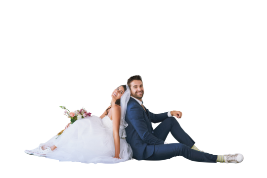 Isolated couple, wedding flowers and portrait for sitting together, smile or pride by transparent png background. Man, woman and happy marriage celebration with new beginning, party or event for love