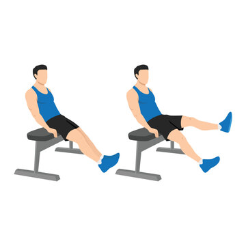 Man doing seated bench extended flutter kicks exercise. Flat vector illustration isolated on white background