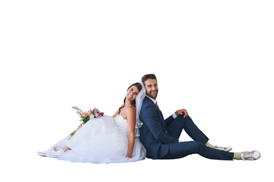 Isolated couple, marriage flower bouquet and portrait for sitting, smile or pride by transparent png background. Man, woman and happy wedding celebration with new beginning, party or event for love